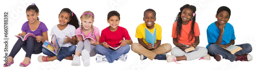 Digital png photo of happy diverse schoolchildren sitting with books on transparent background