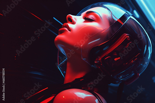 Sci-fi, fantasy, beauty, fashion concept. Sci-fi very beautiful and sexy looking woman close-up portrait. Futuristic style with neon colored light. Model clothing made from plastic. Generative AI © Rytis