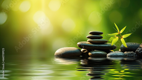 States of mind  meditation  feng shui  relaxation  nature  zen concept. Bamboo  rocks and water 