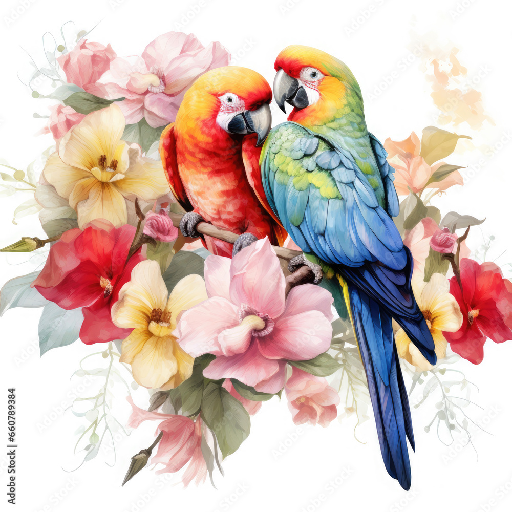Parrot flower and fruit Illustration, Generative Ai Parrot flower and fruit Illustration, Generative Ai