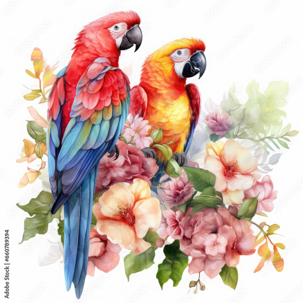 Fototapeta premium Parrot flower and fruit Illustration, Generative Ai