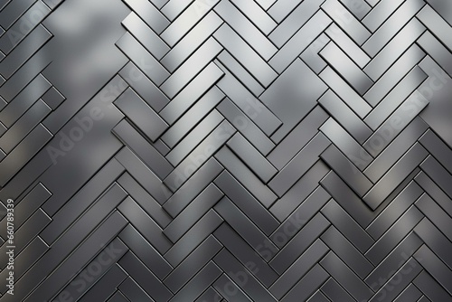 Luxurious wall made of polished 3D tiles arranged in a herringbone pattern on a silver background. Rendered in 3D. Generative AI