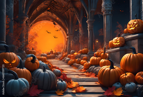 Background of orange pumpkins with scary faces decorated with trees, castles, and black bats for Halloween.