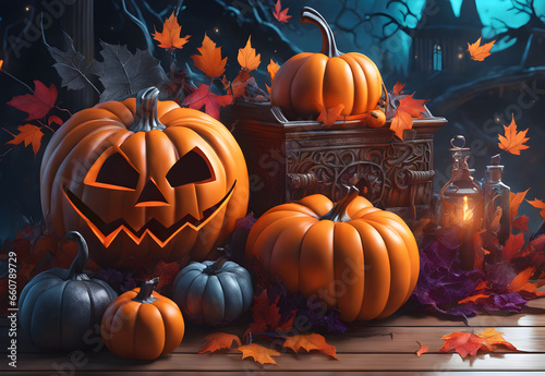 Orange pumpkin background with scary face. Decorate with chests, lanterns, trees, and castles for Halloween.