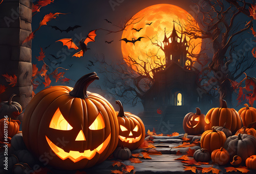 Background of orange pumpkins with scary faces decorated with trees, castles, and black bats for Halloween.
