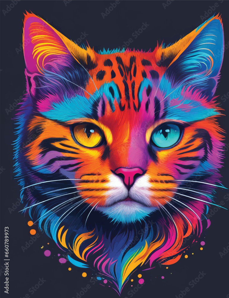 Cat face in colorful neon art design vector illustration. Feline Radiance: Colorful Neon Kitty.