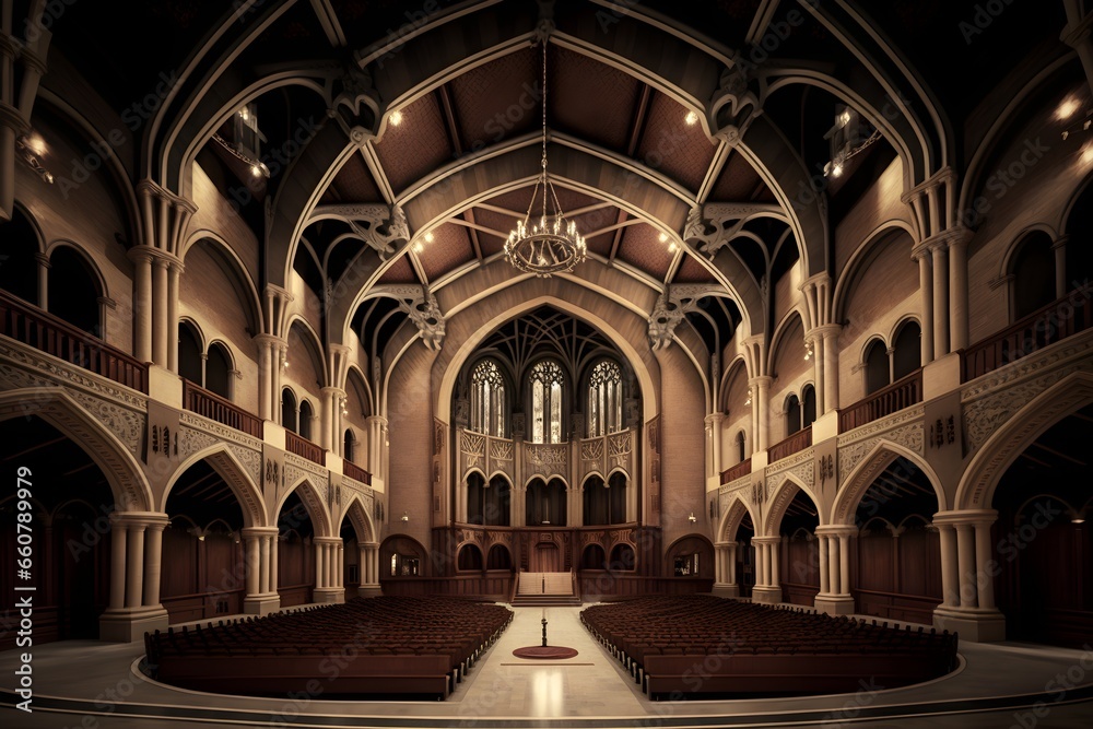 university grand hall with seating and stage area gothic architecture highly detailed image ultra detailed dynamic pose volumetric lighting photo taken by ARRI photo taken by canon photo taken by 
