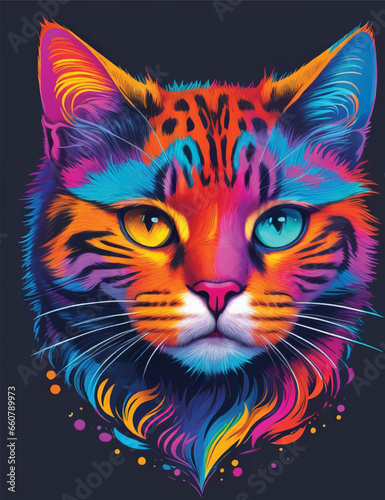 Cat face in colorful neon art design vector illustration. Feline Radiance: Colorful Neon Kitty. © jmgdigital