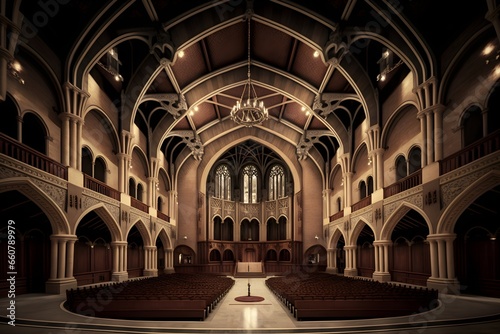 university grand hall with seating and stage area gothic architecture highly detailed image ultra detailed dynamic pose volumetric lighting photo taken by ARRI photo taken by canon photo taken by 