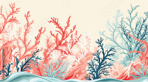 Tropical modern coastal pattern clash fabric coral reef border print for summer beach textile designs with a linen cotton effect. Seamless trendy underwater kelp and seaweed ribbon edge background 