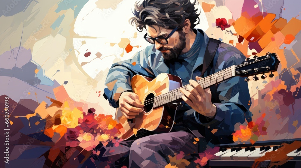 Obraz premium Colorful Man Hobbies e.g. painting playing musical, Cartoon Graphic Design, Background HD For Designer