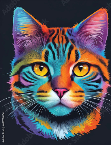 Cat face in colorful neon art design vector illustration. Neon Whiskers: Vibrant Cat Face Glow. © jmgdigital