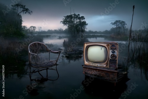 old tube TV glow and armchair on small dock in the middle of a Louisiana bayou swamp hyperrealism dusk fog cinematic 