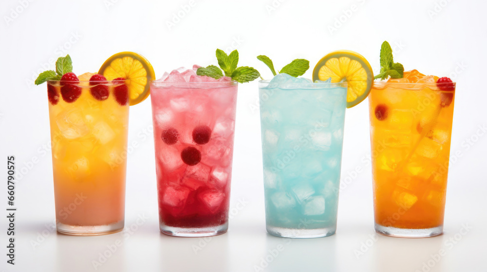 Colorful set of cocktails on white background - obrazy, fototapety, plakaty 
