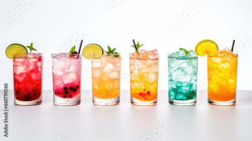 Colorful set of cocktails on white background