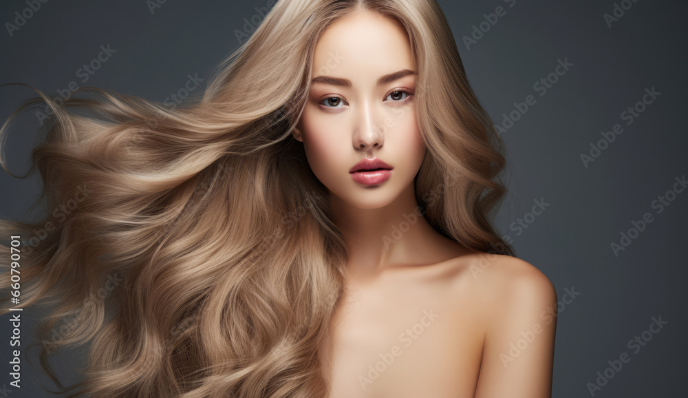 Naklejka premium Beautiful Asian woman with long hair on a solid background