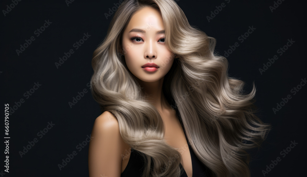 Fototapeta premium Beautiful Asian woman with long hair on a solid background