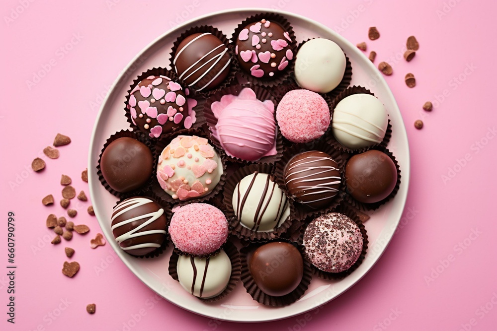 Assorted chocolates arranged on white surface with chocolate leaves and sprinkles, set against a pink background with a white border. Generative AI