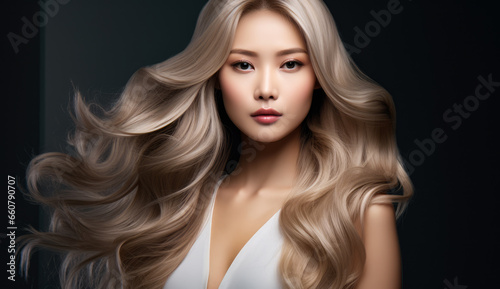 Beautiful Asian woman with long hair on a solid background