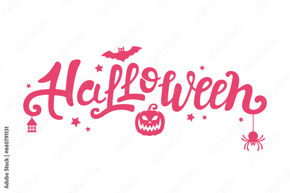 Halloween vector handwritten lettering design. Pink core style. Festive calligraphy with spider, bat, pumpkin, stars, lantern for banner, poster, greeting card, party invitation. Isolated illustration