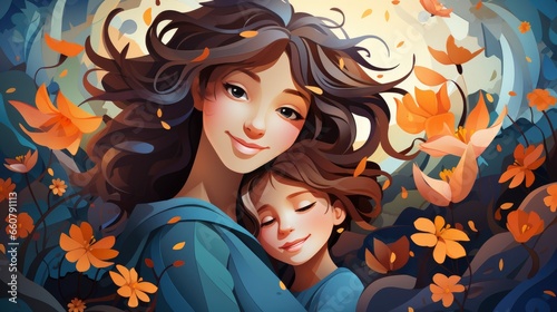 Colorful MOTHER is hugging her child cartoon, Cartoon Graphic Design, Background HD For Designer