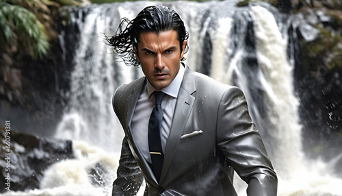 An angry executive screams loudly in front of a powerful waterfall. photo