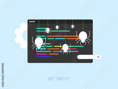 Bot traffic - SEO crawler bots, site-monitoring, aggregator, commercial robots and other non-human visitors to website. Search Engine Bot Vector isolated illustration on blue background with icons