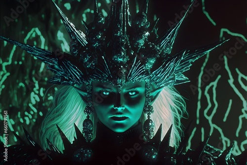 stillframe from Legend of Zelda as liveaction film evil beautiful sorceress spiky crystal helmet crystal caverns Darkfantasy 1987 neon lights  photo