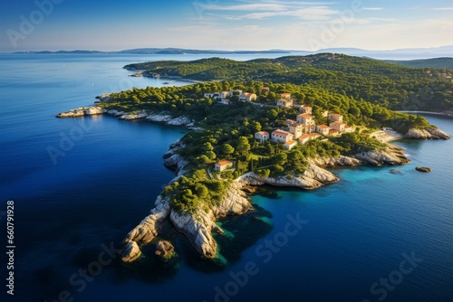 Aerial view of Osor, with a bridge connecting Cres and Mali Losinj islands. Generative AI