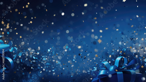 blue present gift box with confetti flying, dark blue background