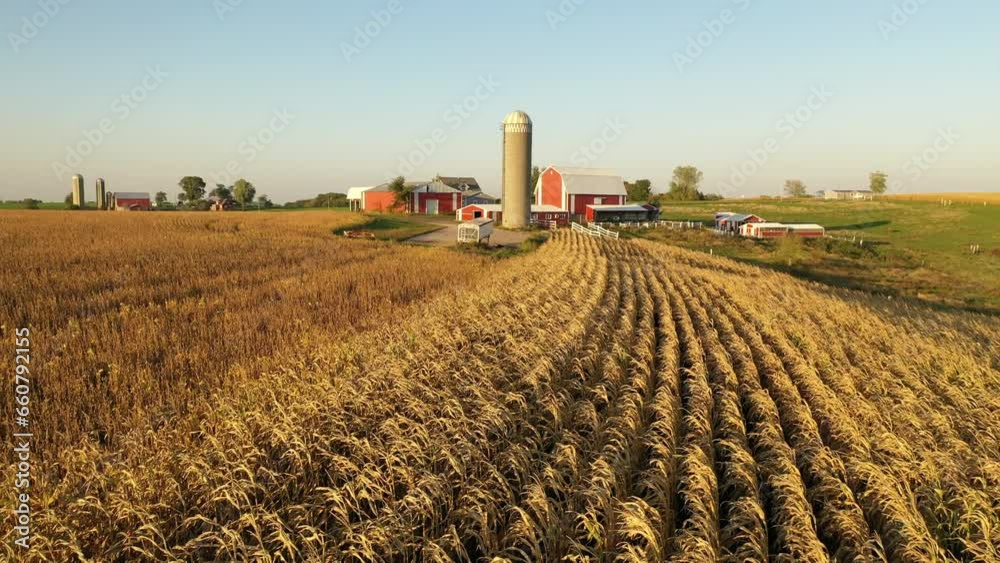 Aerial view of the Midwest USA in autumn. Rural landscape, countryside. Farmland, Agriculture field