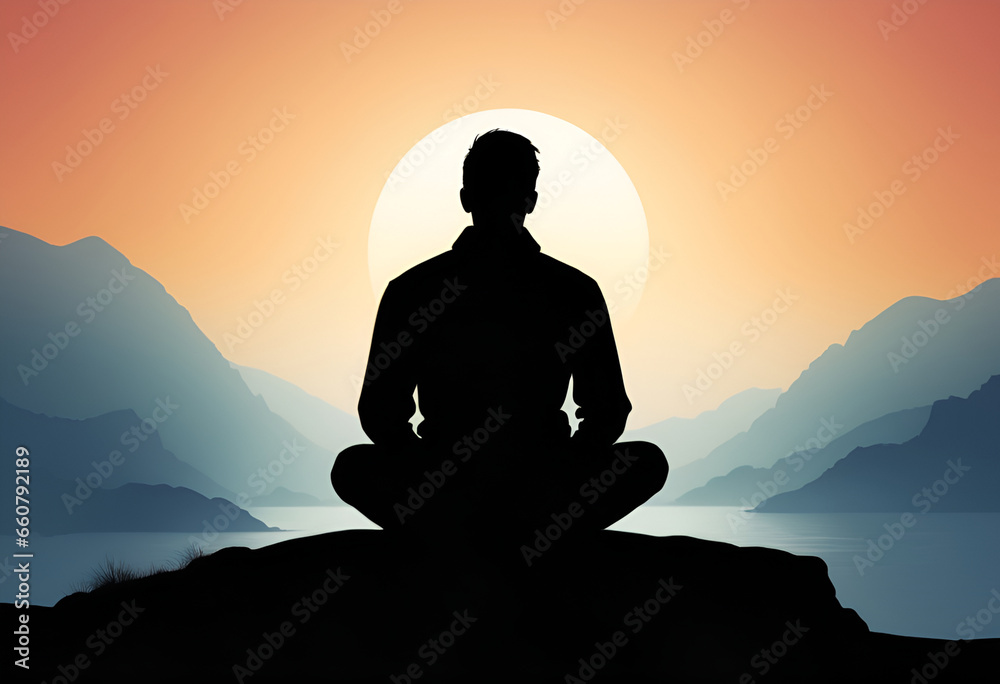 silhouette of a man at dawn in the lotus position