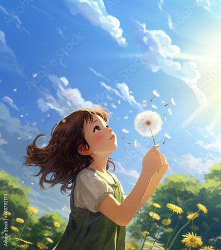 Young girl blowing on a dandelion puff, delicate and beutiful