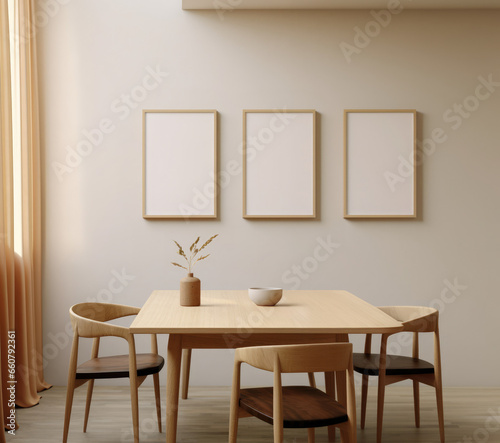 Blank mockup of three empty picture frames  modern dining room setting  Scandinavian design