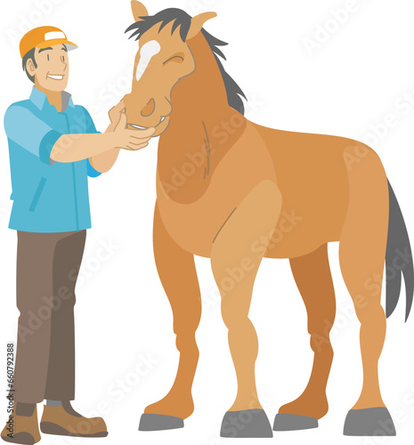 馬の世話をする男性厩務員