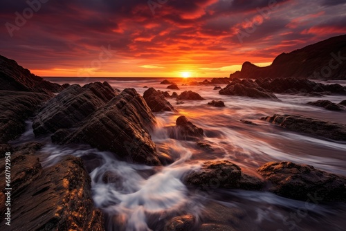 A beautiful sunset of a coastline, waves crashing on the rocks.