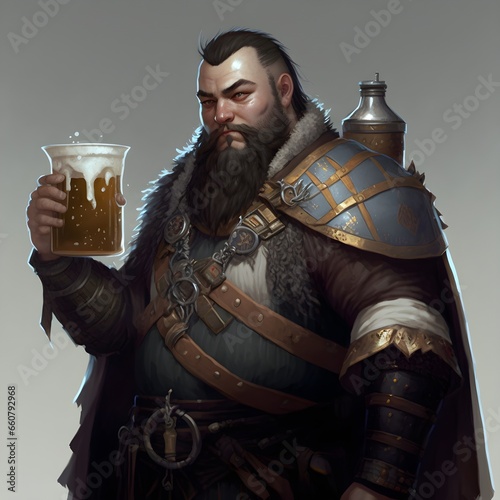 A donjons and dragons 5th edition young male dwarf life domain cleric with black hair dressed in priest robe and chainmail armor holding a big pint of beer 