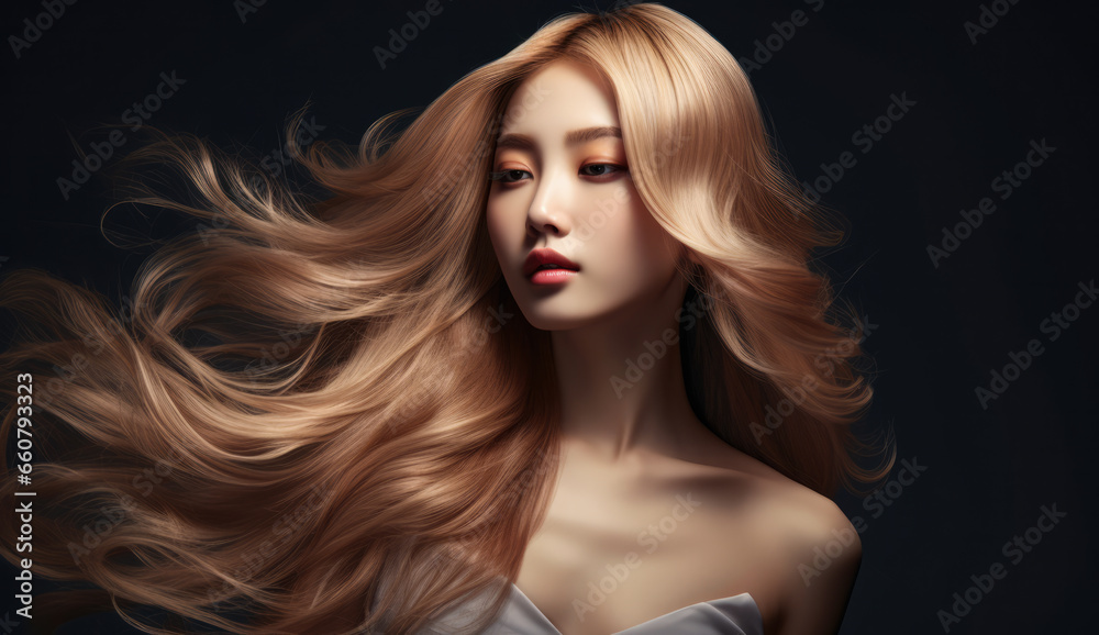 Fototapeta premium Beautiful Asian woman with long hair on a solid background.