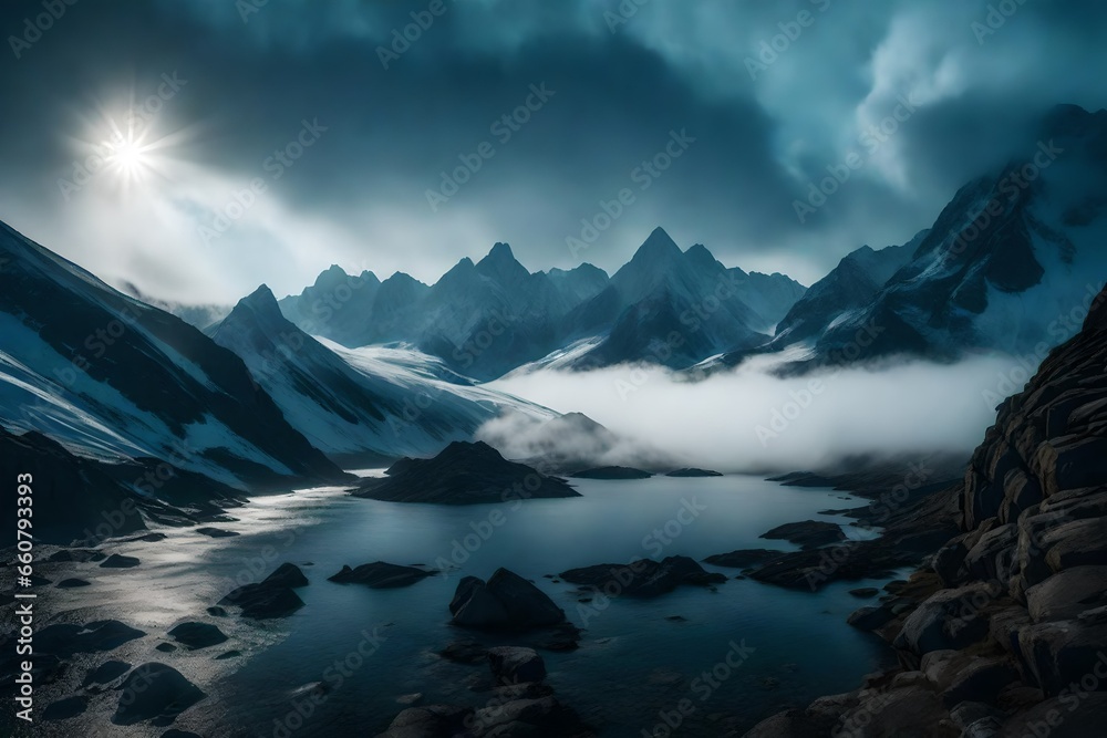 mountains in the fog and smog with clouds