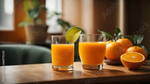 Photo of a refreshing glass of orange juice with a vibrant display of fresh oranges 