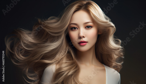 Beautiful Asian woman with long hair on a solid background.