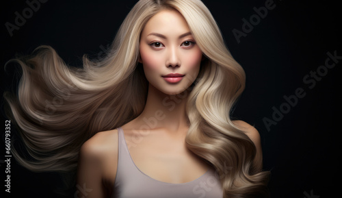 Beautiful Asian woman with long hair on a solid background. © JuanM