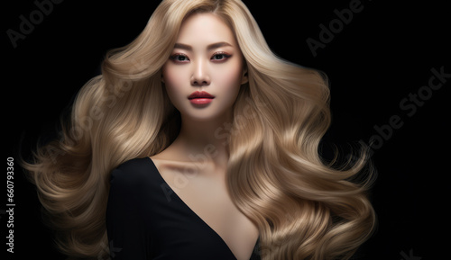 Beautiful Asian woman with long hair on a solid background.
