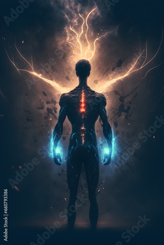 A person who protects himself against psychic attacks energy consumption energy strings inorganic beings magic and spells negative energies 4k high details any details split lines cinematic 