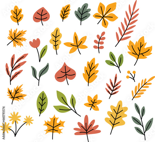 Autumn bundle of cute and cozy design elements. Set of fall twigs with leaves, foliage. Colored flat vector illustration isolated on white background