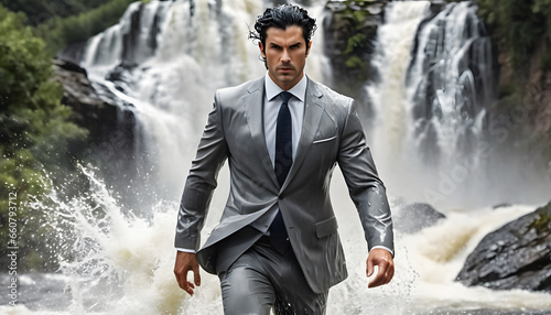 A determined executive screams amidst a flowing waterfall in nature. photo