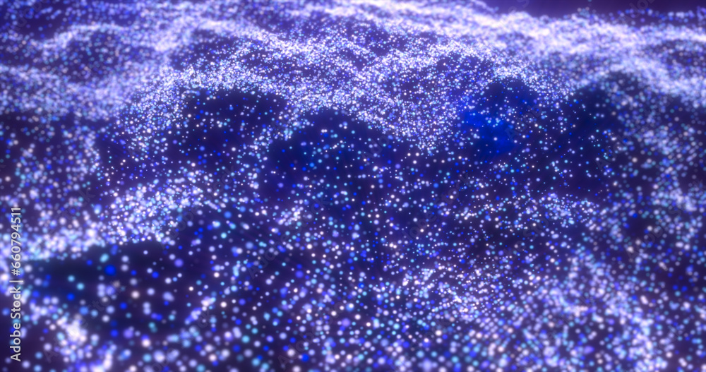 Obraz premium Blue waves from energy particles magical glowing high tech futuristic light dots abstract background
