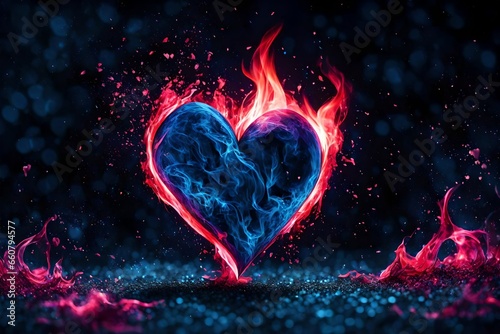 Burning bright pink heart in blue fire on a dark background