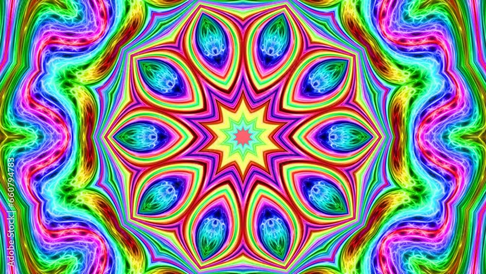 Kaleidoscopic abstract background transformation. Symmetrical varicolored ornament trembling, vibrating. Mosaic glowing backdrop circumvolution, coruscating. 4K UHD 4096x2304 ultra high definition