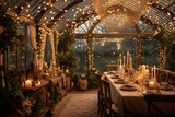 Decorative vintage conservatory adorned with twinkling lights, exuding a luxurious and festive ambiance. Generative AI